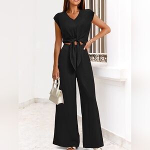 Elegant Women's Black Tie Top And Wide Leg Pants Set Full Size & Plus